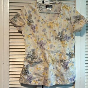 Cherokee Runway Nurse Medical Scrub Uniform Top Butterfly Yellow XS